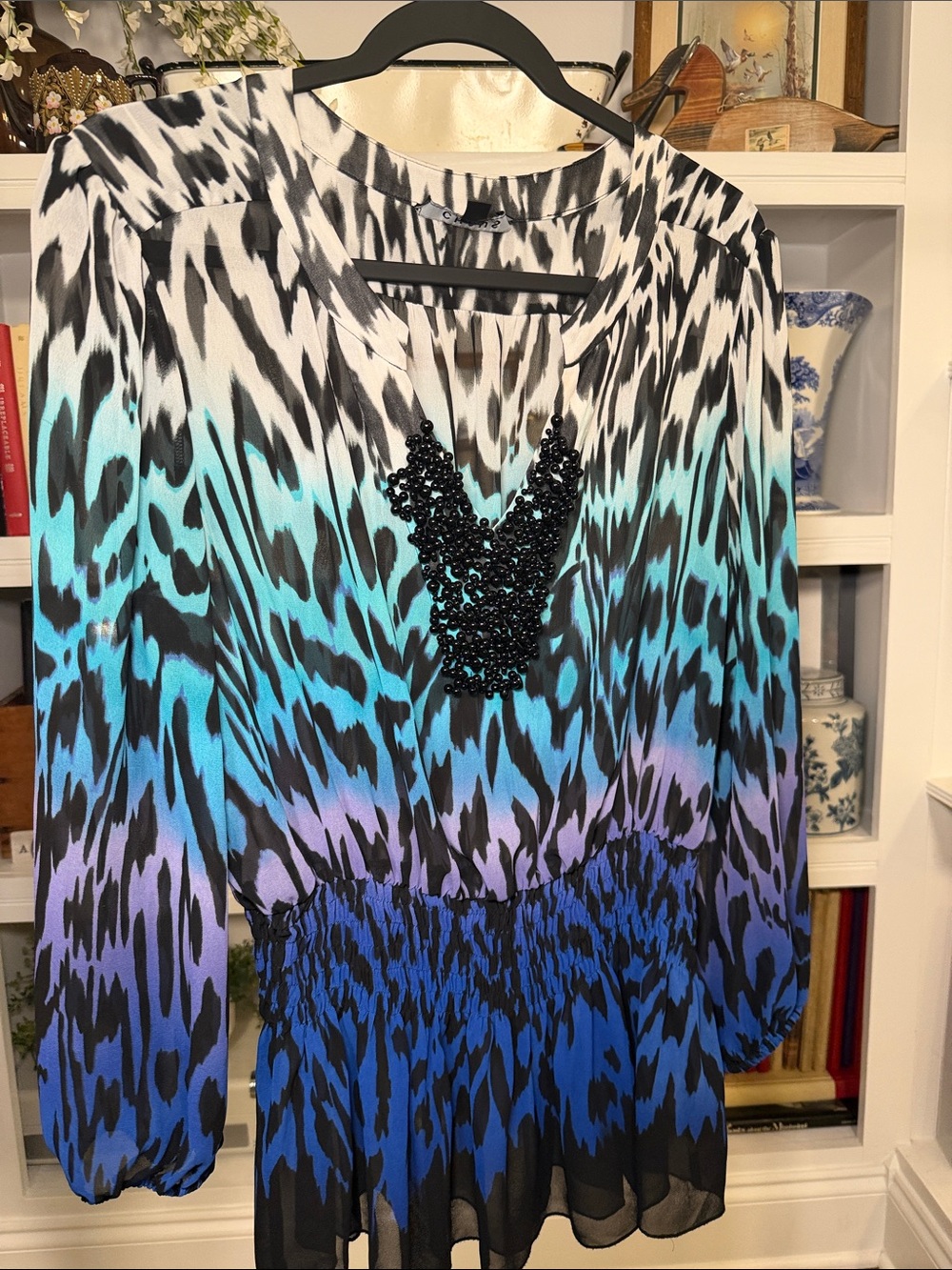 Chaus Black, Teal, Blue & Purple Ombre Beaded V-Neck Blouse